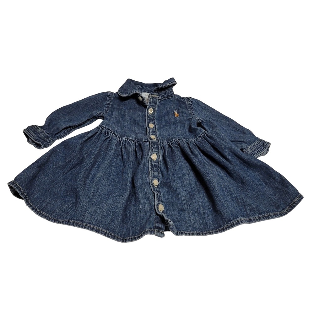 Ralph Lauren Denim Dress Baby Girl 3M Blue Long Sleeve Button Front classic